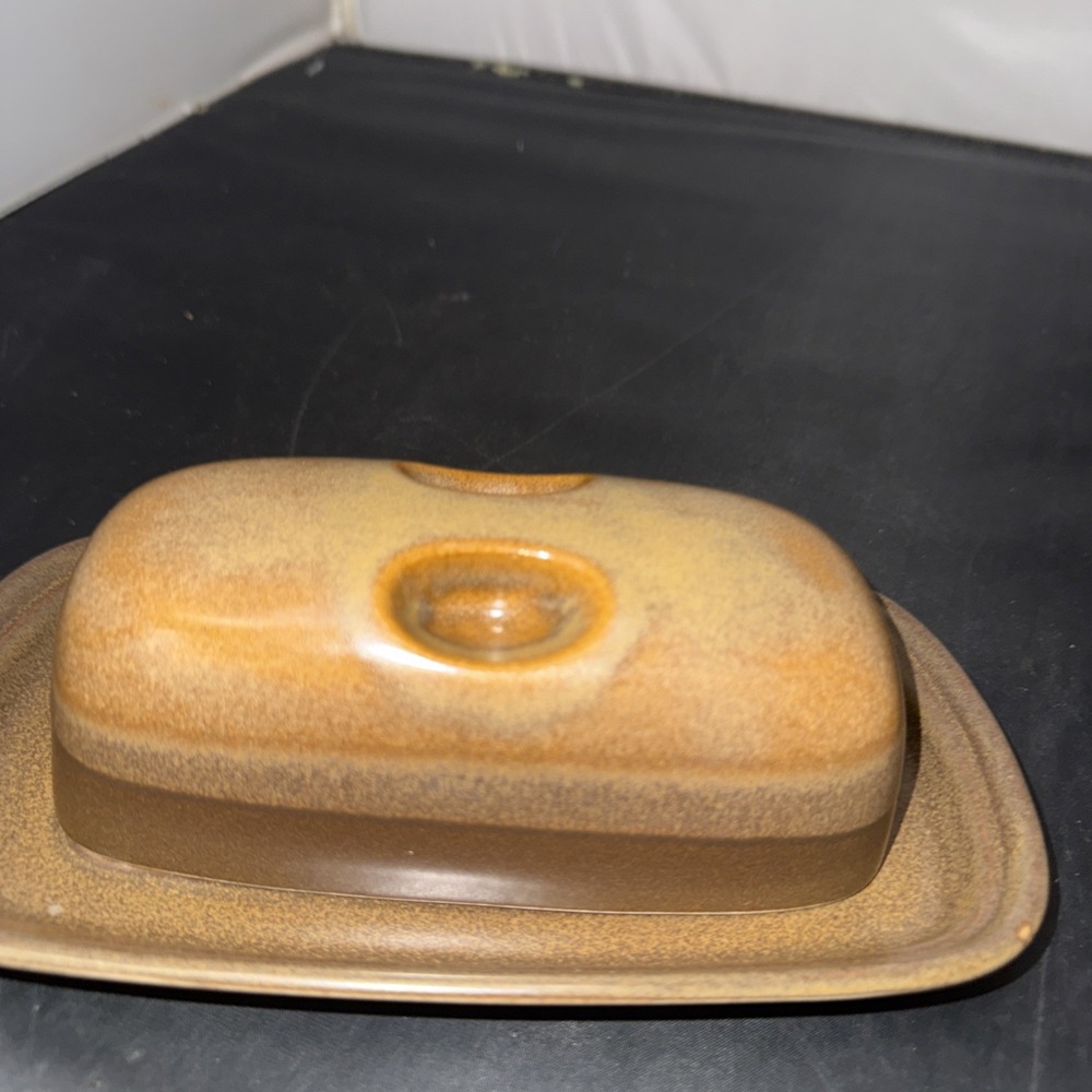 brown stoneware butter dish vintage